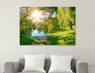Sunny clearing with lake- Framed Canvas